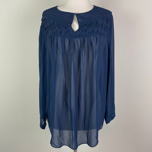 Chico's Black Label Navy Sheer Pintuck Long Sleeve Top 2 - Picture 1 of 7
